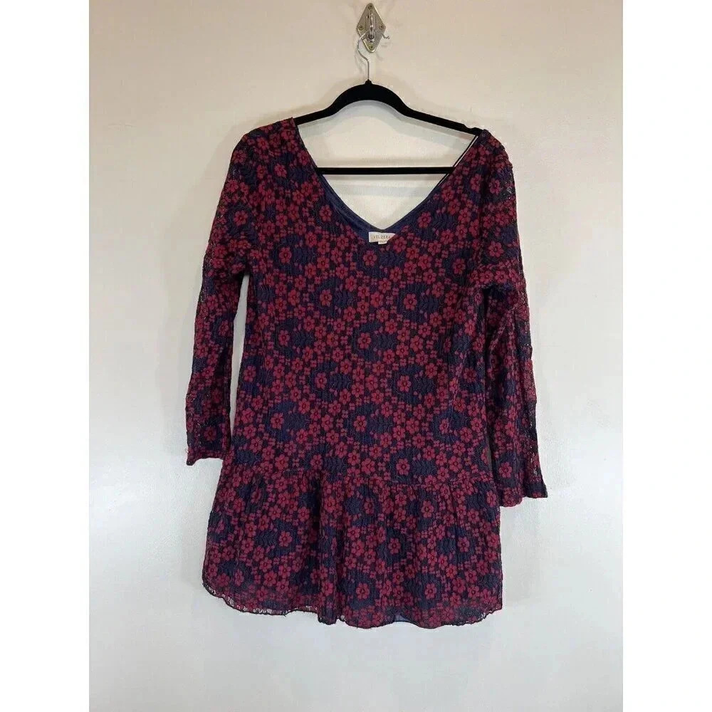 VELZERA Blue Red Floral Lace Long Sleeve Ruffle Mini Dress w/Back Tassel Medium